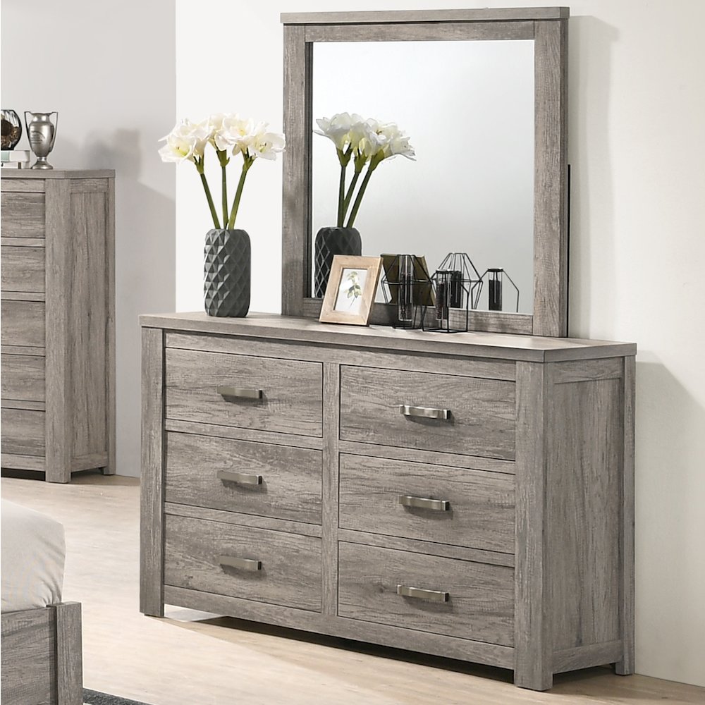 Floren Contemporary Weathered Gray Wood 6-Drawer Dresser with Mirror. Picture 2