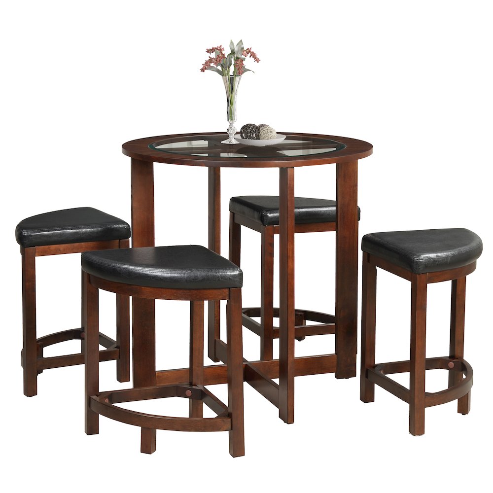 Cylina Solid Wood Glass Top Round Counter Height Table with 4 Stools. Picture 1