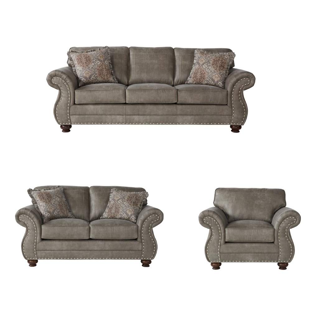 Leinster Faux Leather Upholstered Nailhead Sofa, Loveseat, and Chair Set. Picture 1