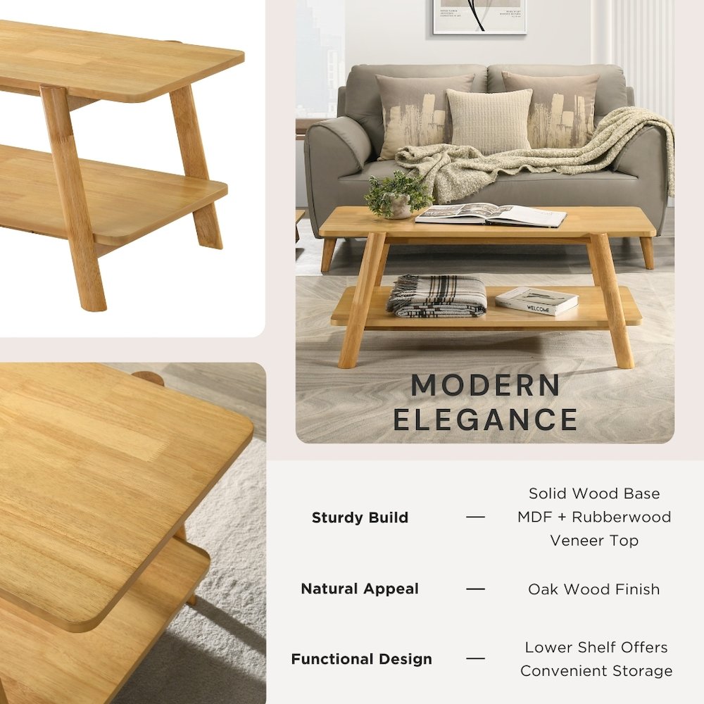 3-Piece Coffee Table Set, Coffee Table and Two End Tables, Natural Oak Finish. Picture 4
