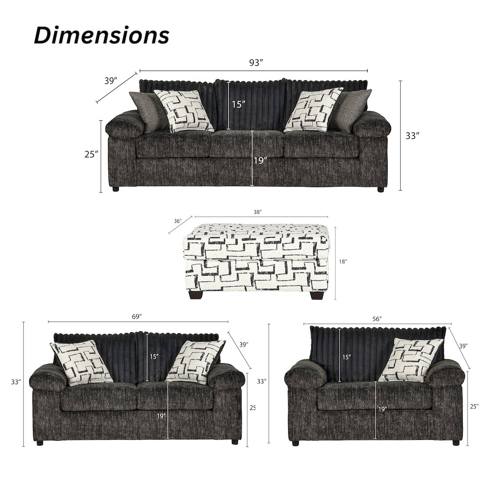 Nason Wide Wale Corduroy Living Room 4-Piece Sofa Set, Charcoal. Picture 15