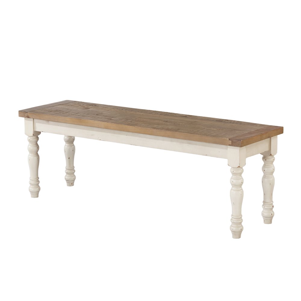 Prato Two-Tone Wood Dining Bench, Antique White and Distressed Oak. Picture 1