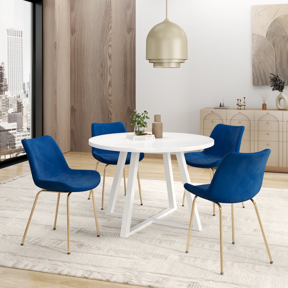 Avant 5-Piece Round Dining Set, Trestle Dining Table with 4 Side Chairs, Blue. Picture 3
