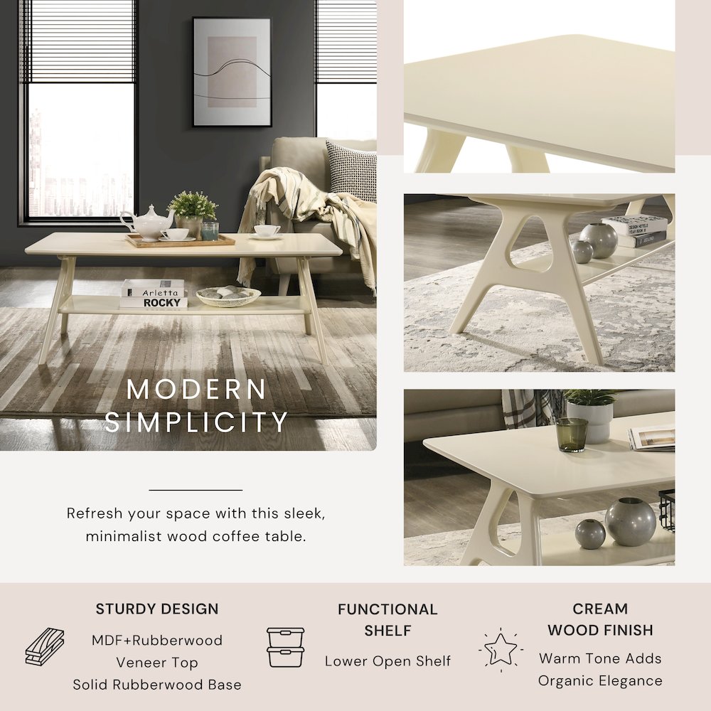 Arona Mid-Century Modern Wood Shelf Coffee Table, Off-White Finish. Picture 4