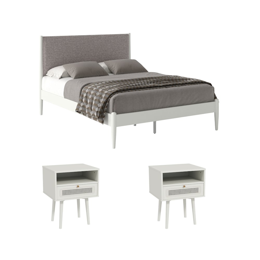 Feeney 3-Pc Bedroom Set, Platform Bed with Two Nightstands, Cream White, Queen. Picture 1