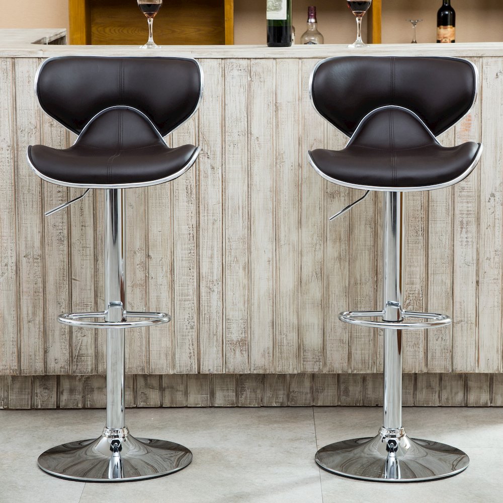 Masaccio Brown Leatherette Adjustable Swivel Barstool Chrome Base, Set of 2. Picture 3