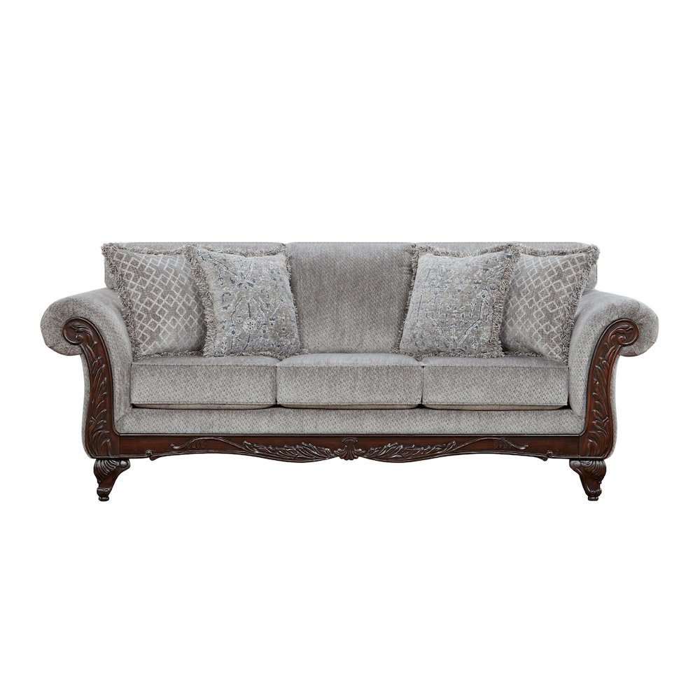 Hernen Carved Wood Frame Gray Sofa. Picture 1