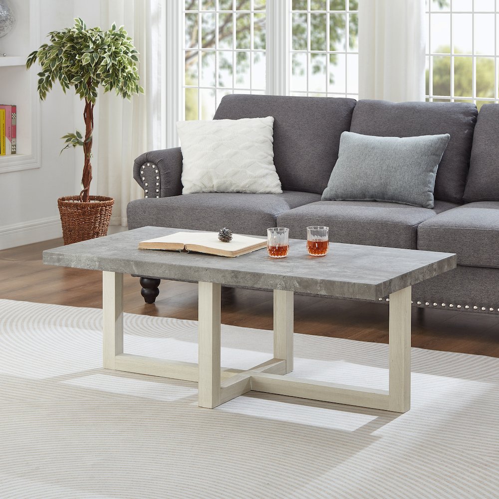3-Piece Coffee Table Set, Coffee Table, Two End Tables, Faux Concrete and White. Picture 4