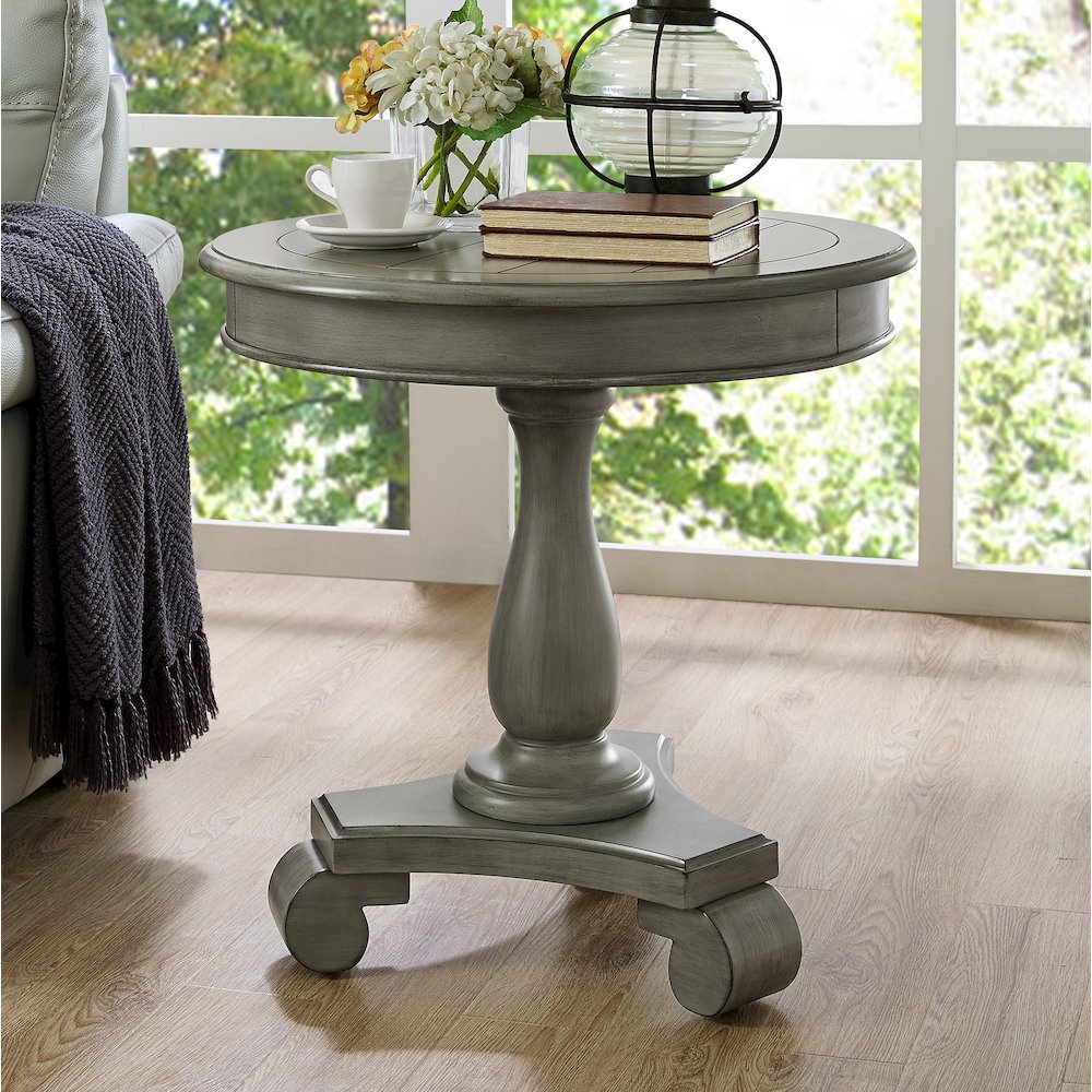 Rene Round Wood Pedestal Side Table, Gray. Picture 3