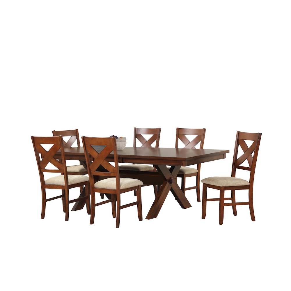 Karven Wood 7-PC Dining Set, Extendable Trestle Table, 6 Chairs, Dark Hazelnut. Picture 1
