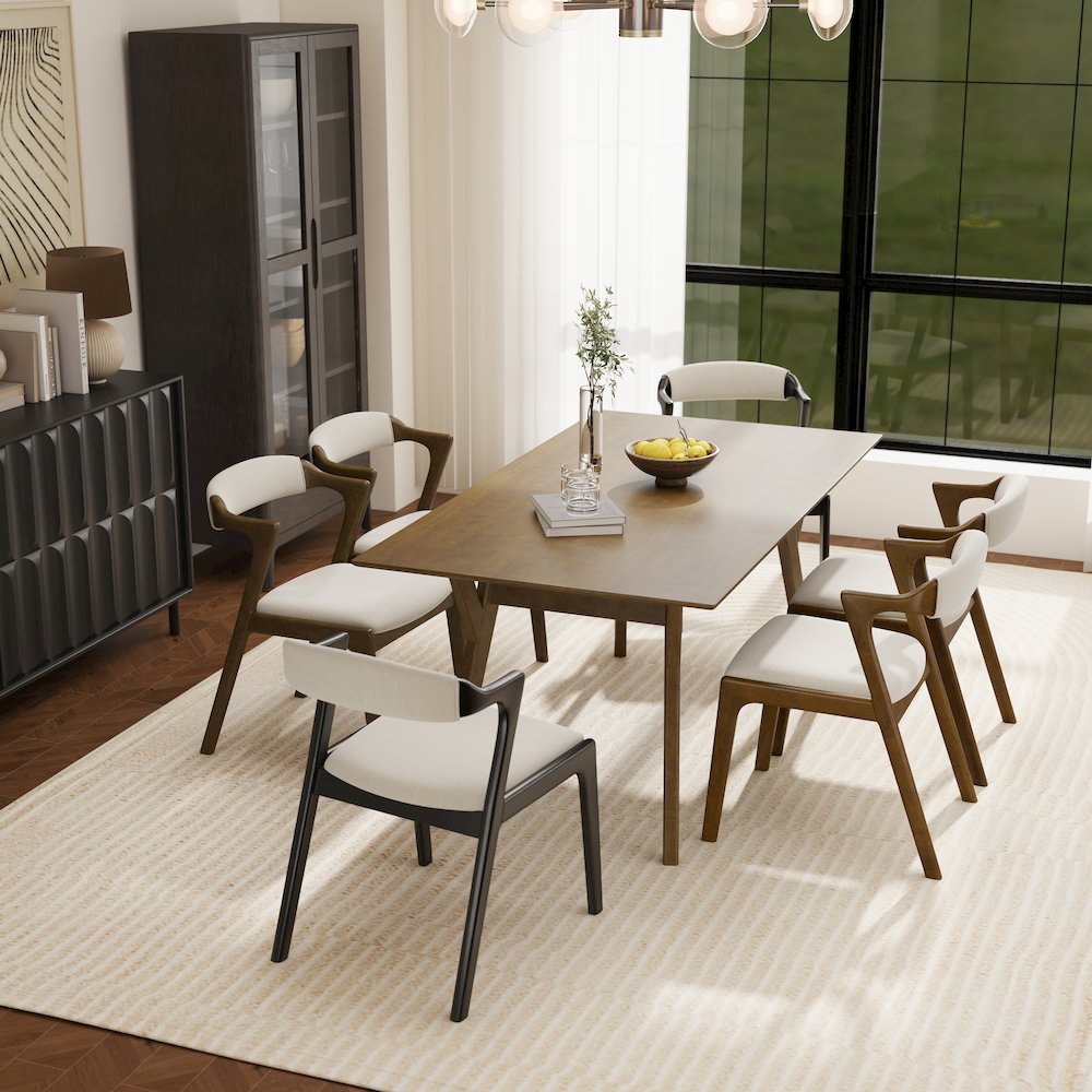 Lavin Modern 7-Piece Dining Set, Dining Table with 2 Black and 4 Walnut Chairs. Picture 6