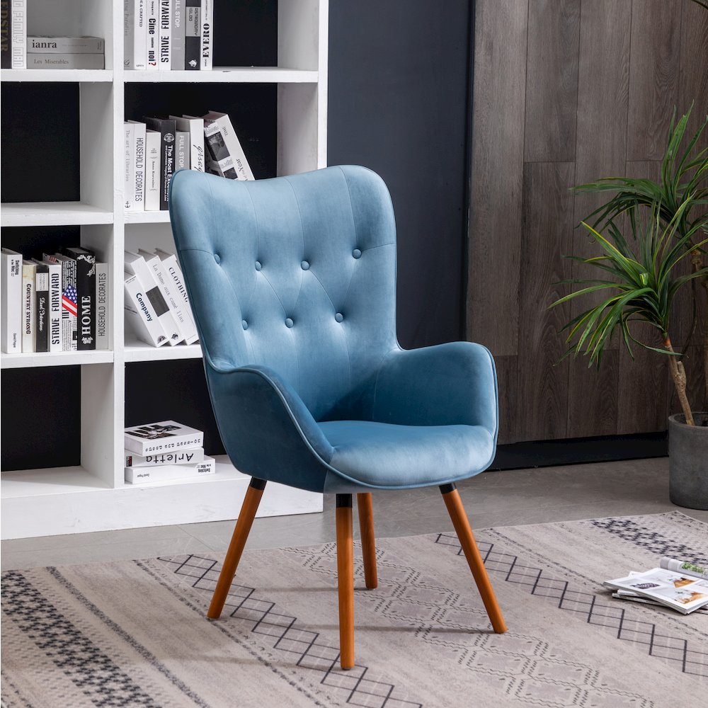 Doarnin Contemporary Silky Velvet Tufted Button Back Accent Chair, Blue. Picture 4