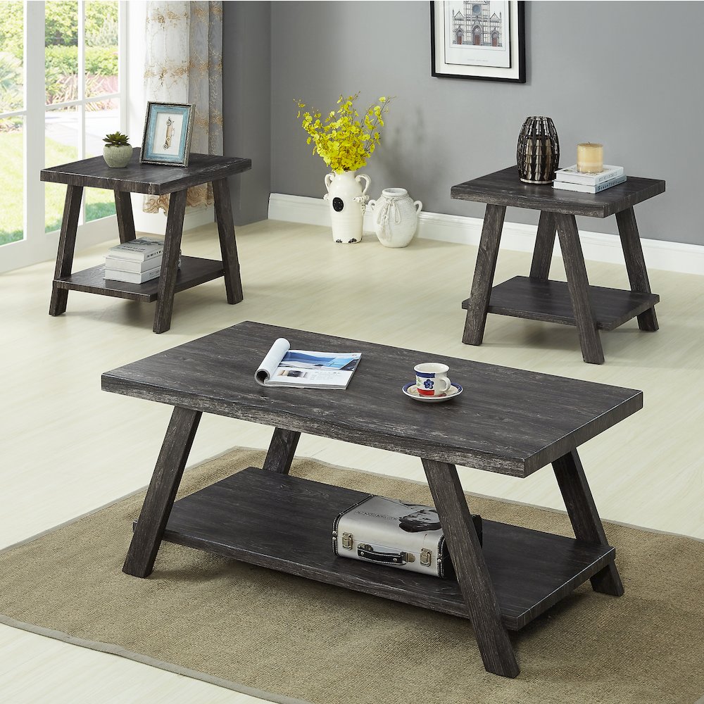 Athens Contemporary Replicated Wood Shelf Coffee Set Table in Charcoal Finish. Picture 2