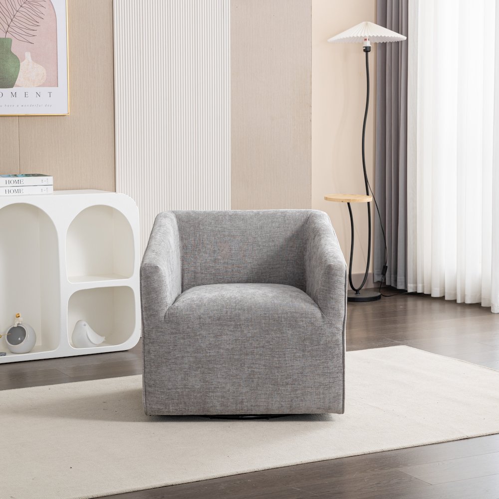 Nice Modern Upholstered Barrel Armchair, 360 Degree Swivel, Gray. Picture 3