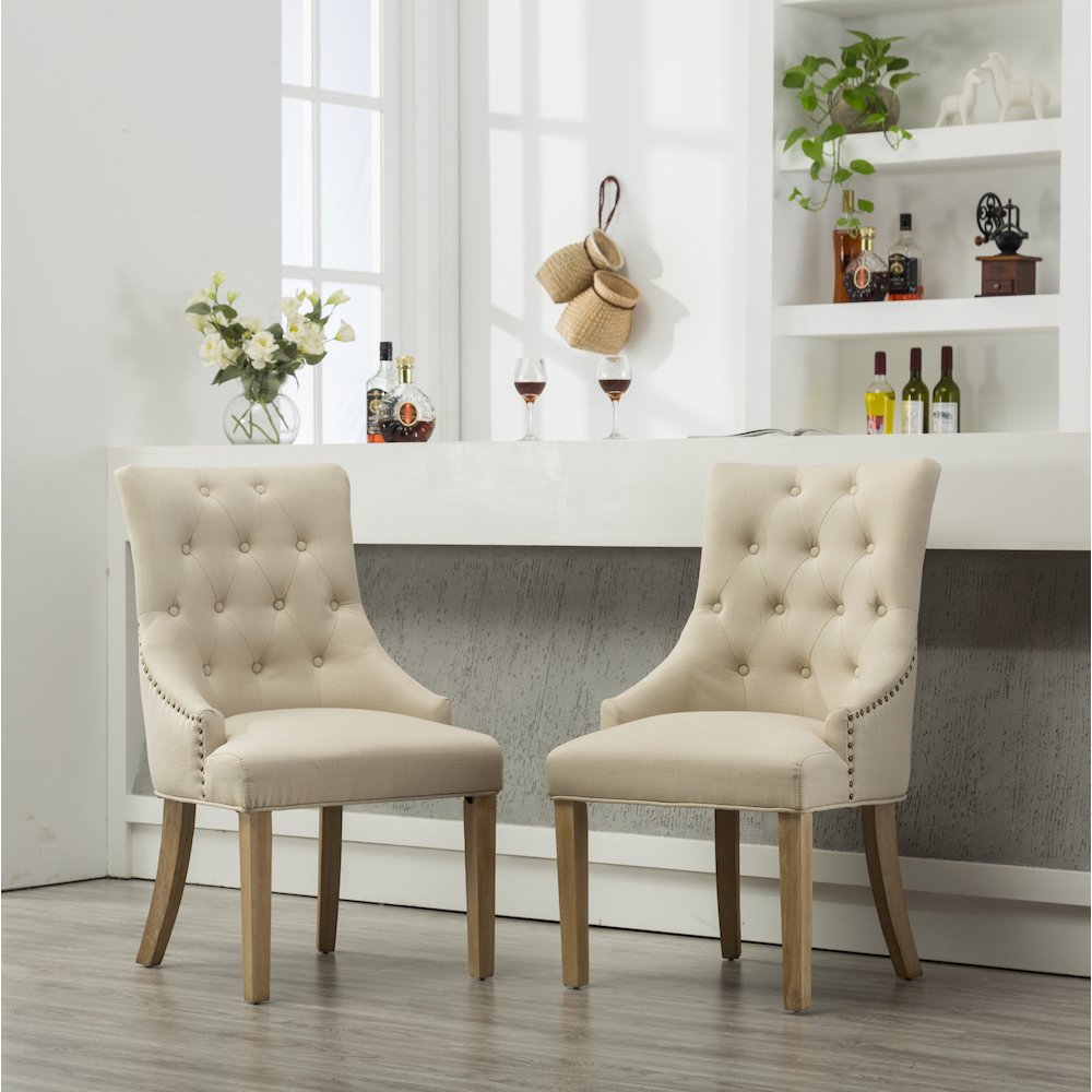 Luna Tan Button Tufted Solid Wood Wingback Chairs with Nail Heads Set of 2. Picture 2