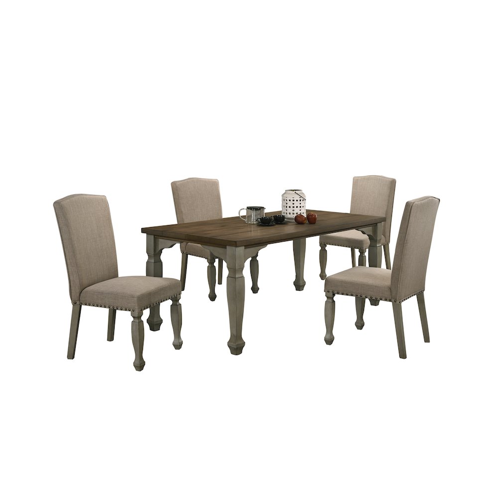 Breda Antique Gray and Dark Oak Finished Wood Dining Set, Table with Four Chairs. Picture 1