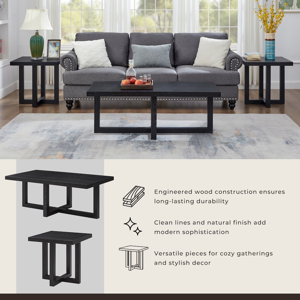 Luno 3-Piece Coffee Table Set, Coffee Table and Two End Tables, Black. Picture 9