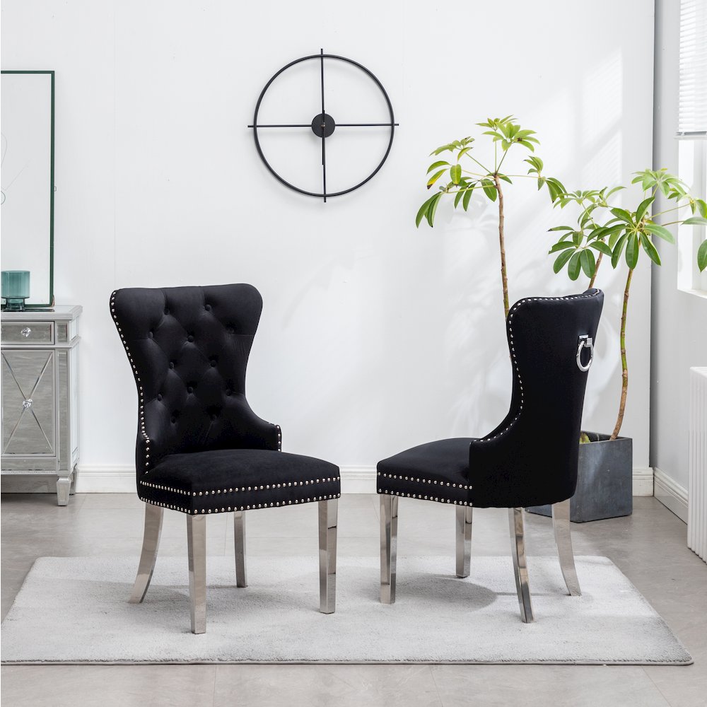 Montura Contemporary Tufted Velvet Chair with Nailhead Trim, Set of 2, Black. Picture 5