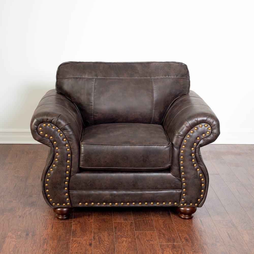 Leinster Faux Leather Upholstered Nailhead Chair and Ottoman in Espresso. Picture 5