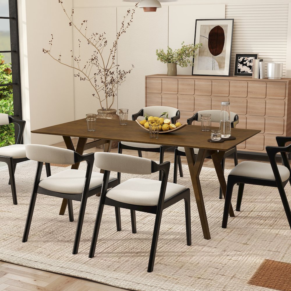 Modern 7-Piece Dining Set, Walnut Finished Dining Table with 6 Black Chairs. Picture 5