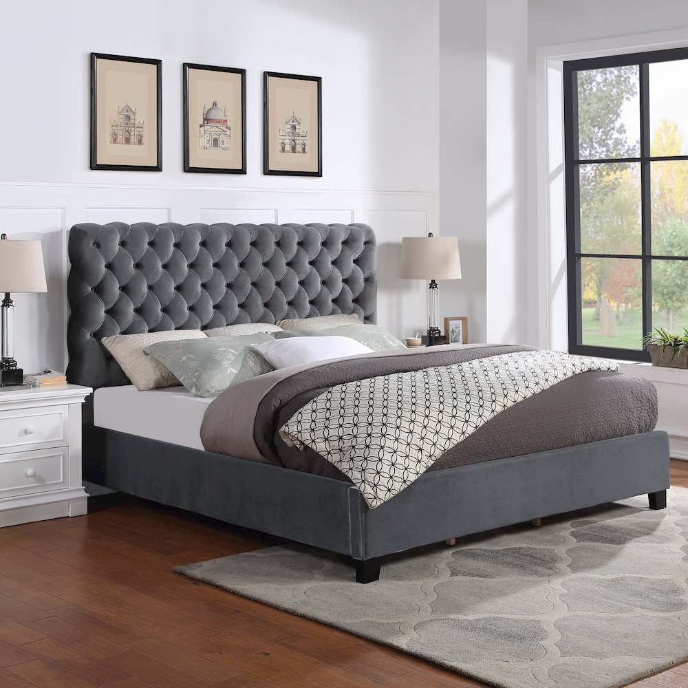 Apoera Velvet Upholstered Button Tufted Bed, King, Gray. Picture 2