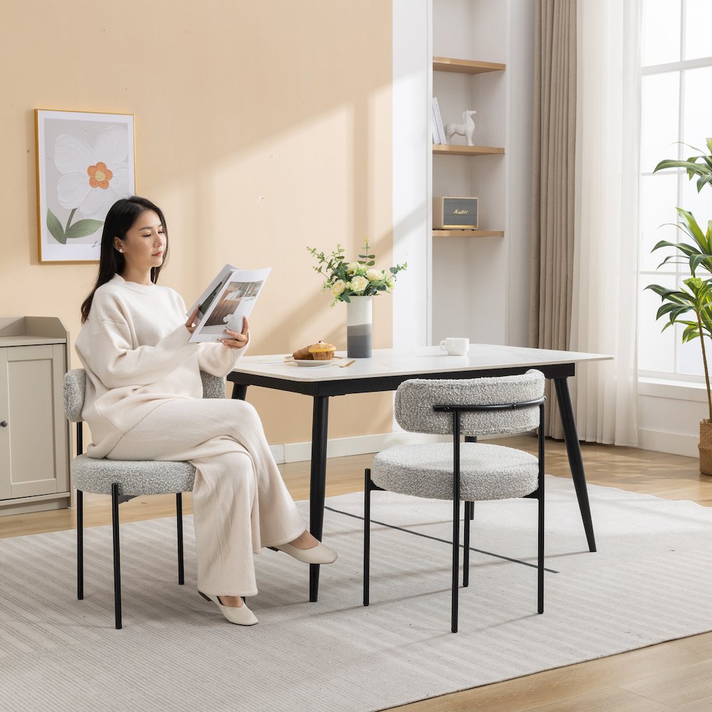 Burbank Modern Round Boucle Dining Chairs, Set of 2, Black White. Picture 5