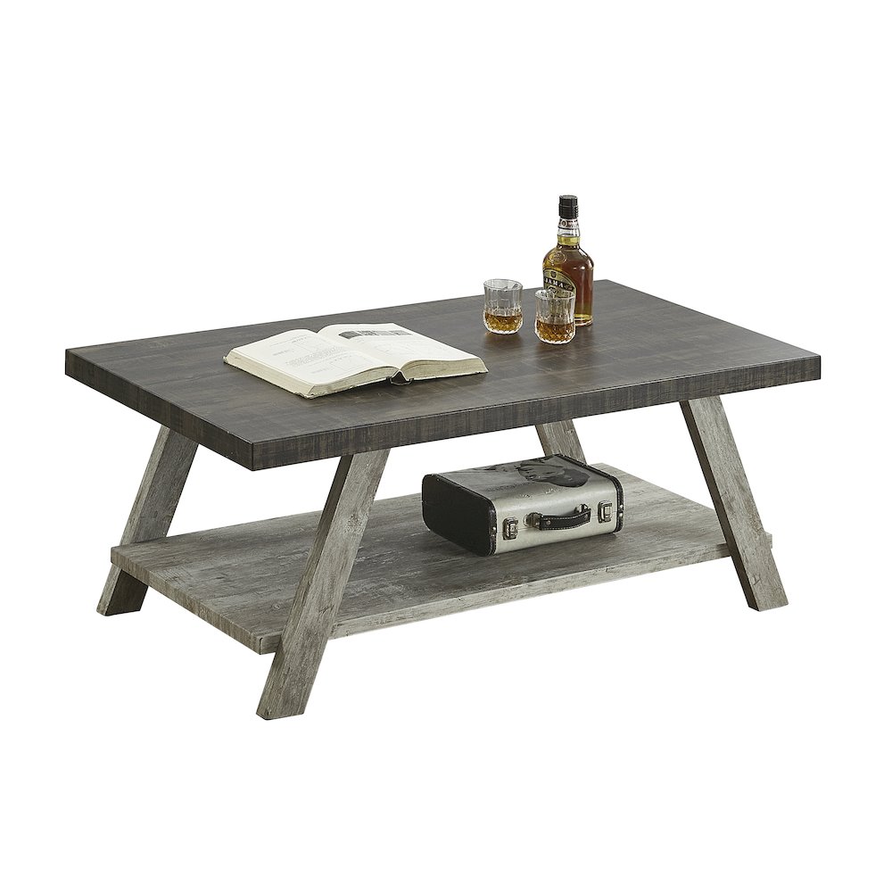 Athens Contemporary Two-Tone Wood Shelf Coffee Table in Weathered Walnut/Gray. Picture 6