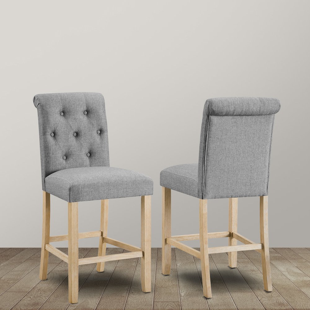 Siena Counter Height Button Tufted Back Solid Wood Stools, Set of 2, Gray. Picture 2