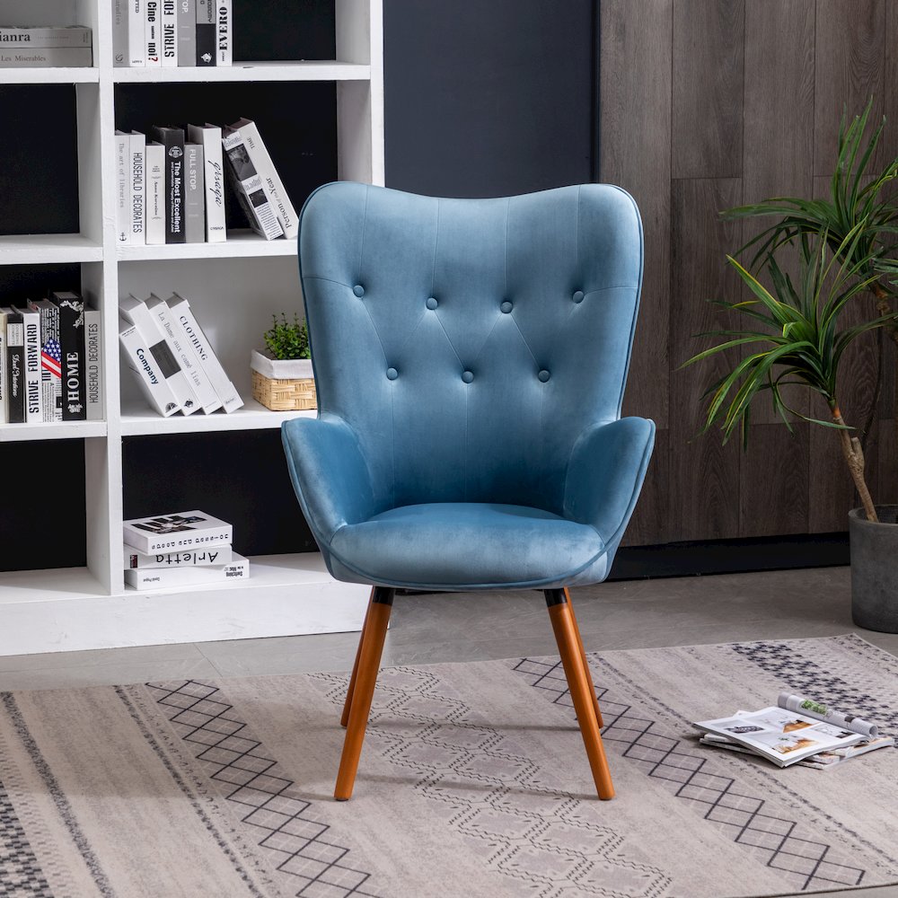 Doarnin Contemporary Silky Velvet Tufted Button Back Accent Chair, Blue. Picture 6