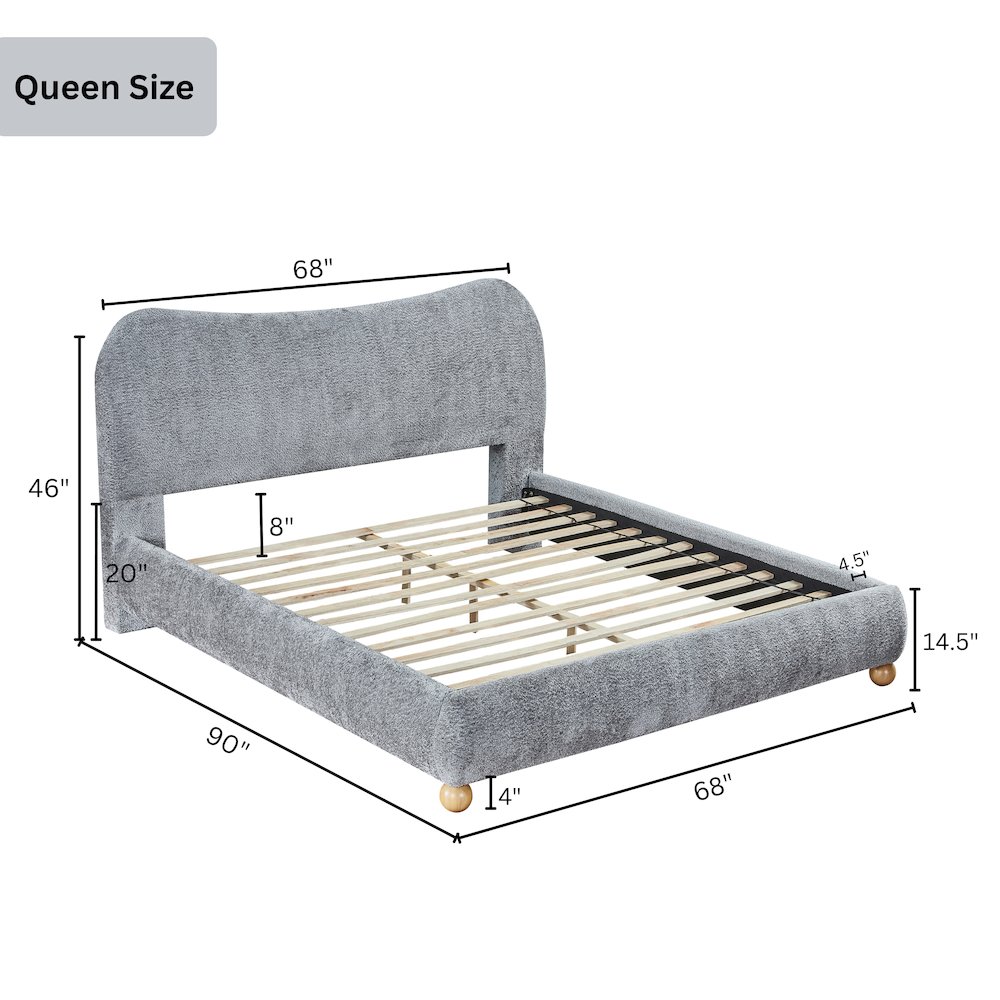 Lunara Gray Upholstered Platform Bed with Bun Feet, Queen. Picture 7