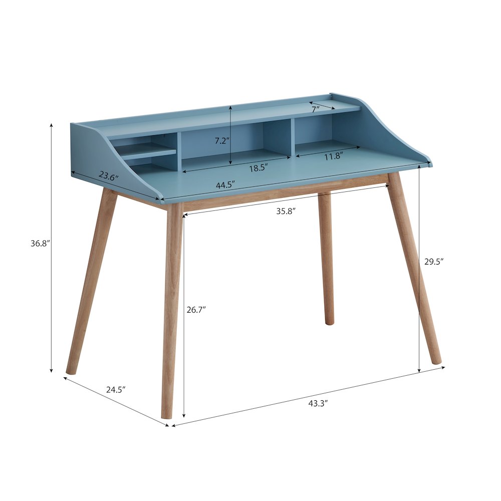 Roskilde Mid-Century Modern Wood Writing Desk with Hutch, Blue. Picture 4