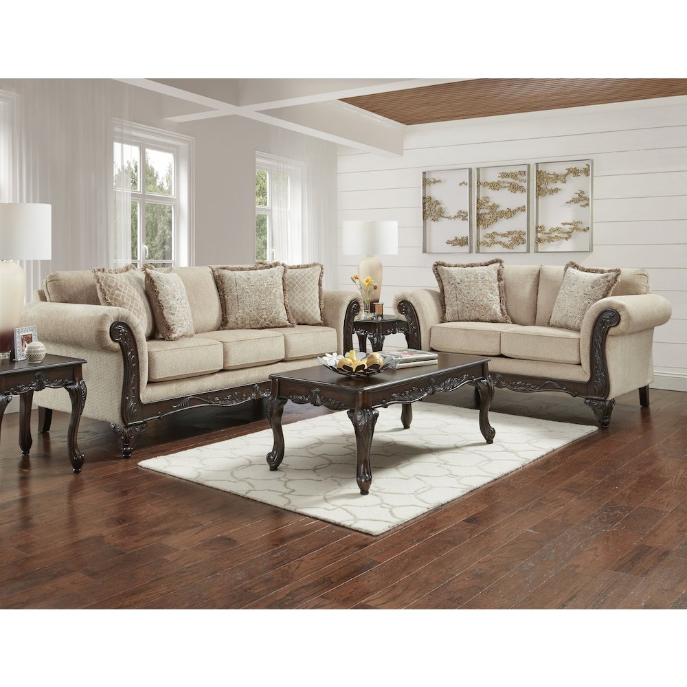 Hernen 2-Piece Living Room Set, Carved Wood Frame Sofa and Loveseat, Emma Wheat. Picture 2