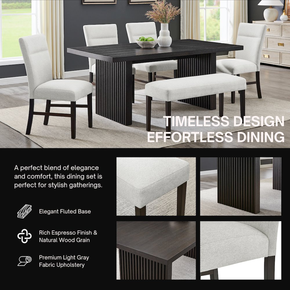 Madison 6-PC Dining Set, Slat-Fluted Dining Table with 4 Chairs and Bench, Gray. Picture 5