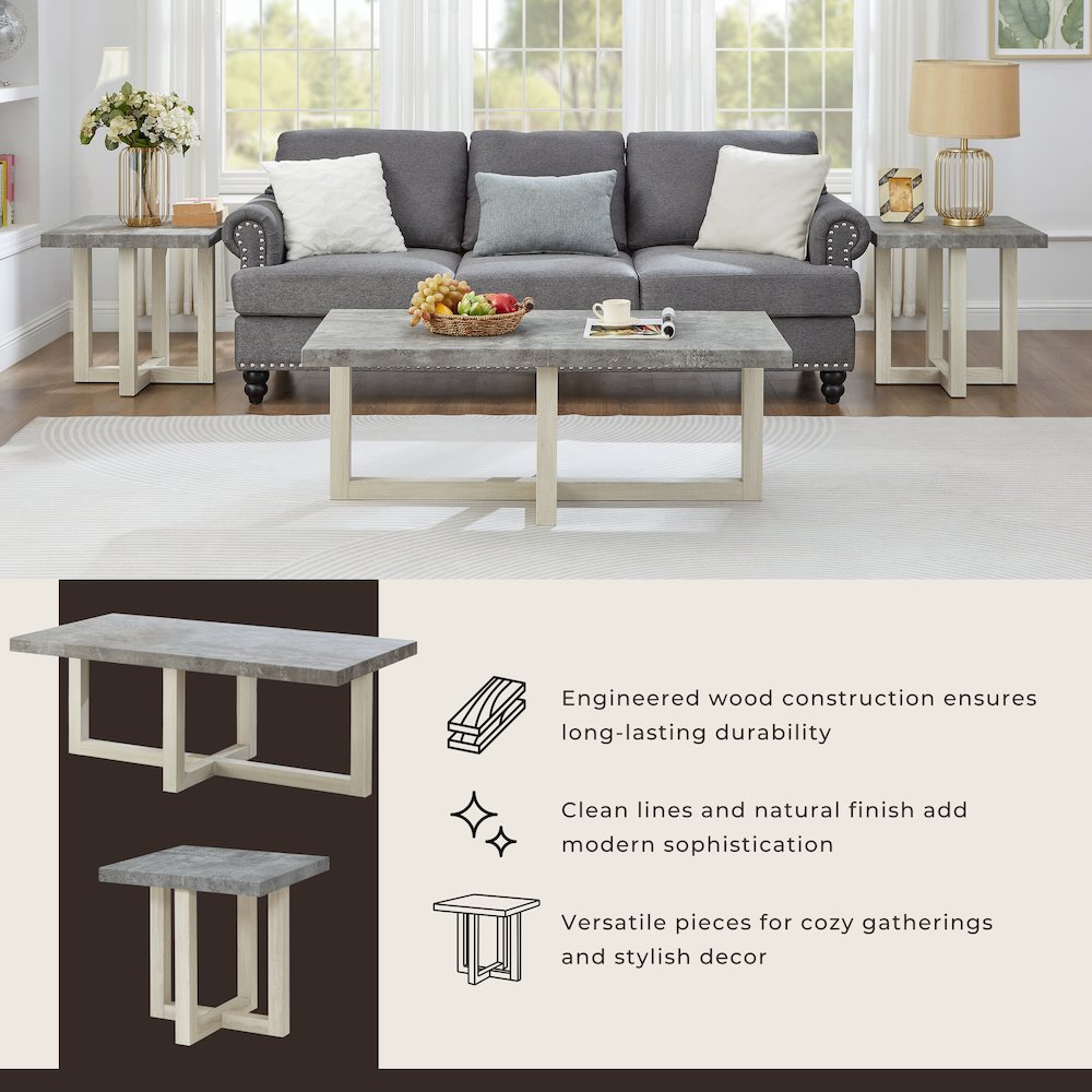 3-Piece Coffee Table Set, Coffee Table, Two End Tables, Faux Concrete and White. Picture 9