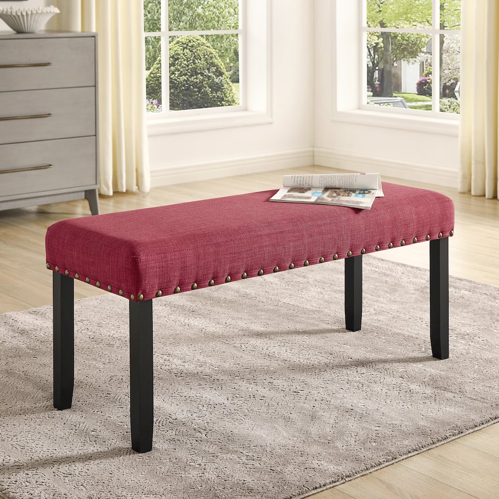 Biony Fabric Dining Bench with Nailhead Trim, Red. Picture 2