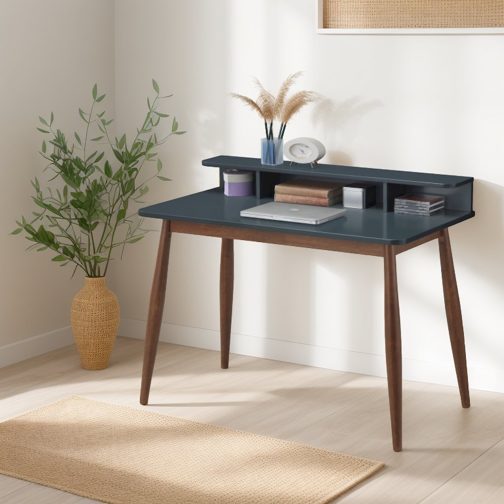 Roskilde Mid-Century Modern Wood Writing Desk with Hutch, Blue. Picture 2