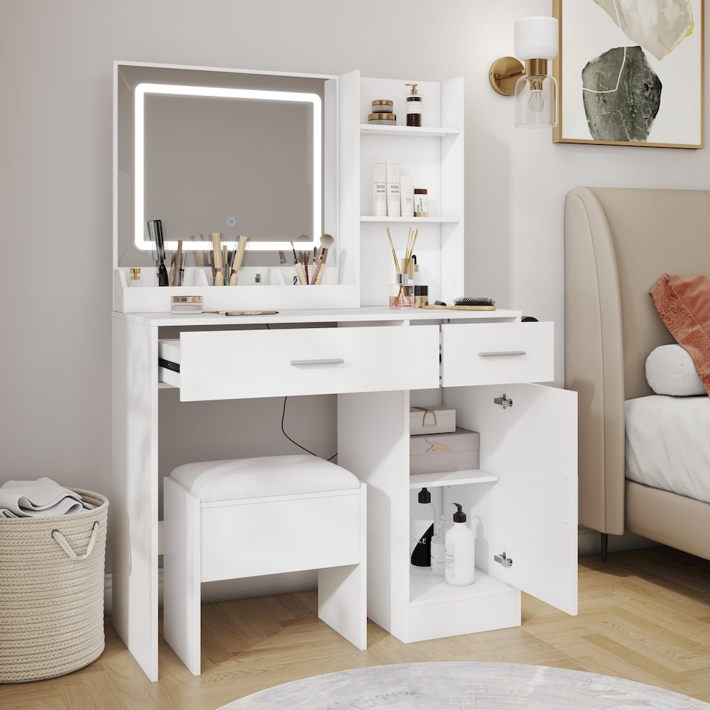 Makeup Vanity Set, Vanity Desk with Stool, LED Light Mirror, White. Picture 6