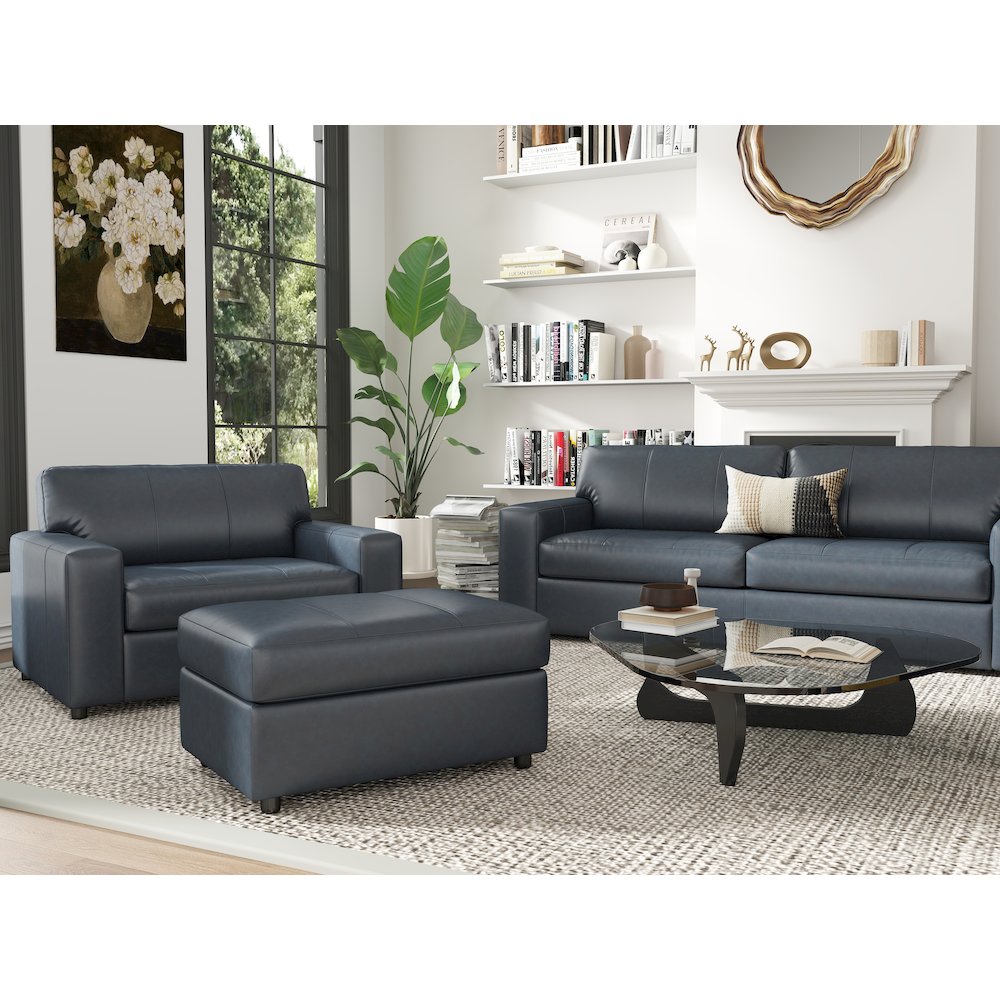 Sakan Leather 4-Pc Living Room Set, Sofa Loveseat, Chair and Ottoman, Blue. Picture 3