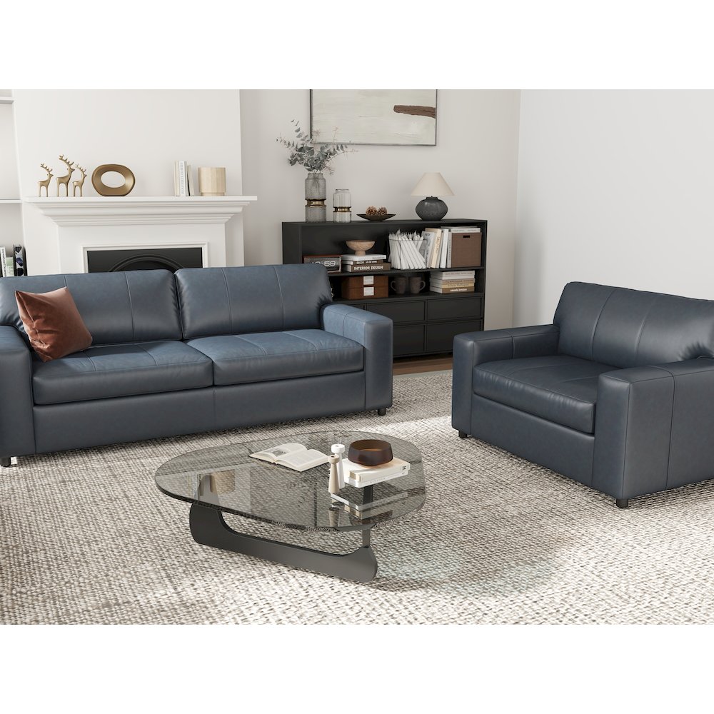 Sakan Leather 3-Pc Living Room Set, Sofa Loveseat and Chair, Blue. Picture 3