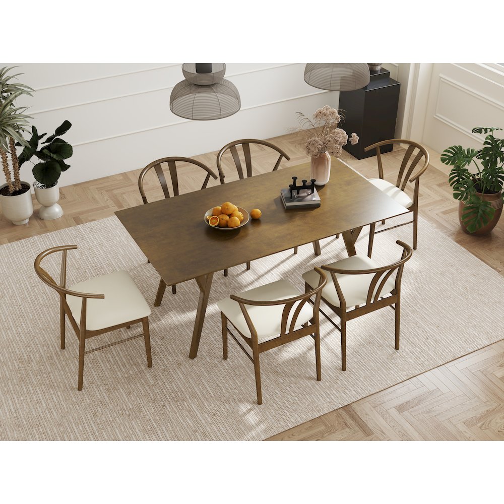 7-Piece Dining Set, Walnut Finished Dining Table with 6 Brown Wishbone Chairs. Picture 5