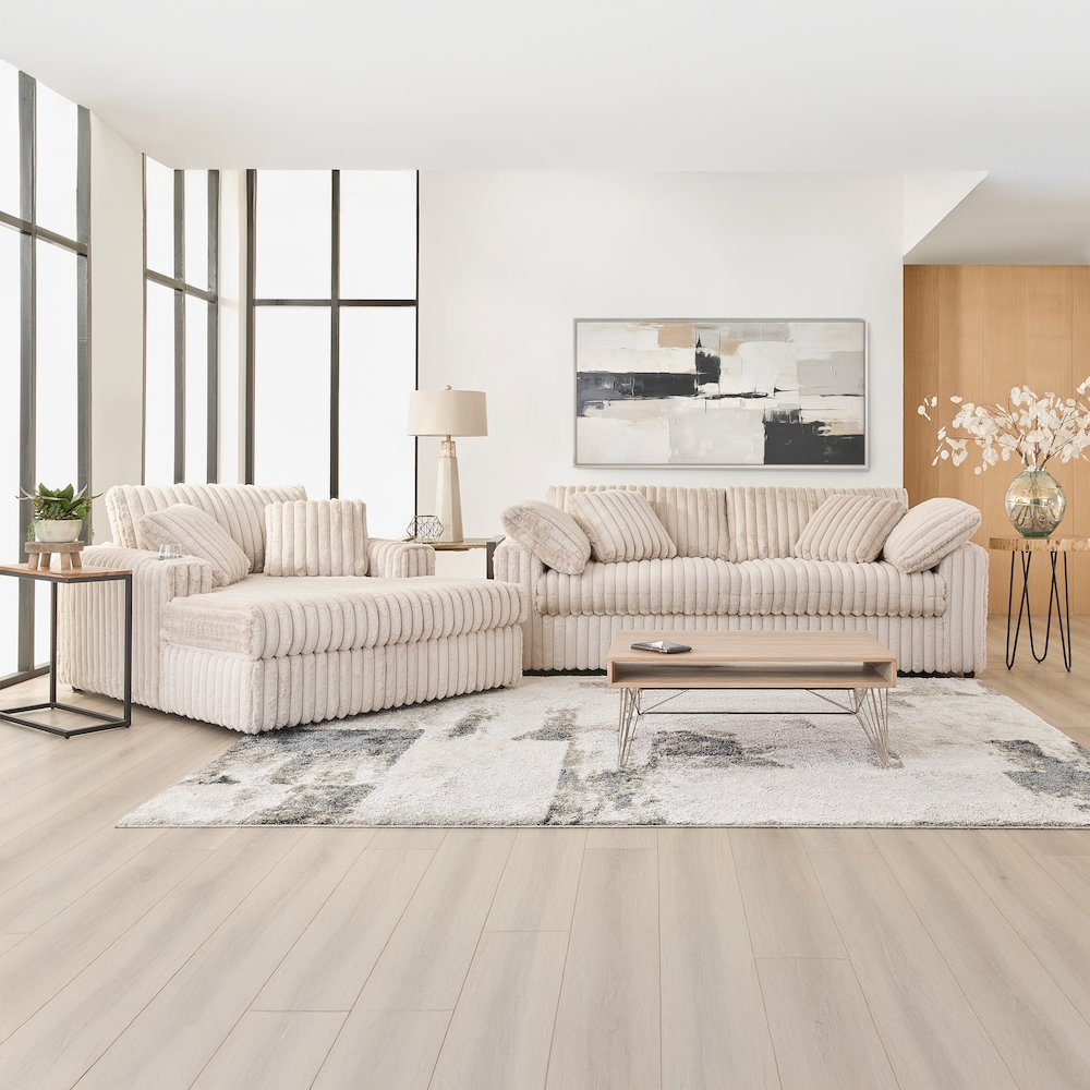 Belvoir 3-Piece Living Room Set, Sofa Cuddle Chaise and Ottoman, Beige Champagne. Picture 3