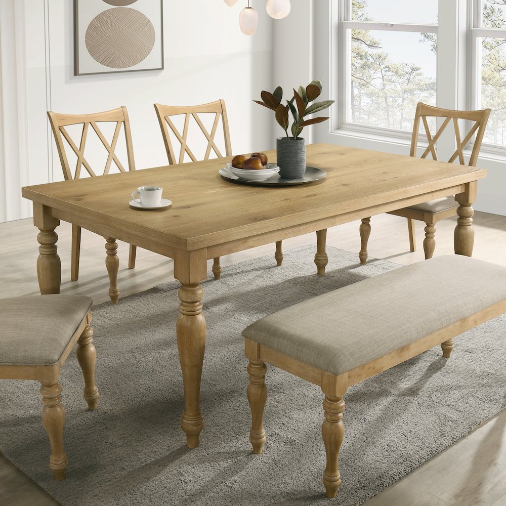 Verta 6-PC Dining Table with 4 Cross Back Chairs and Bench, Light Oak Finish. Picture 3