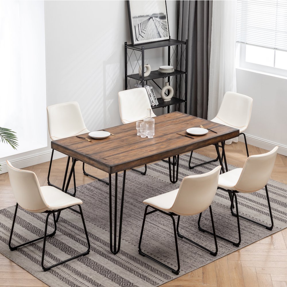 Aryven 7-Pc Dining Set with Rustic Dark Pine Table and 6 Chairs in Antique White. Picture 2