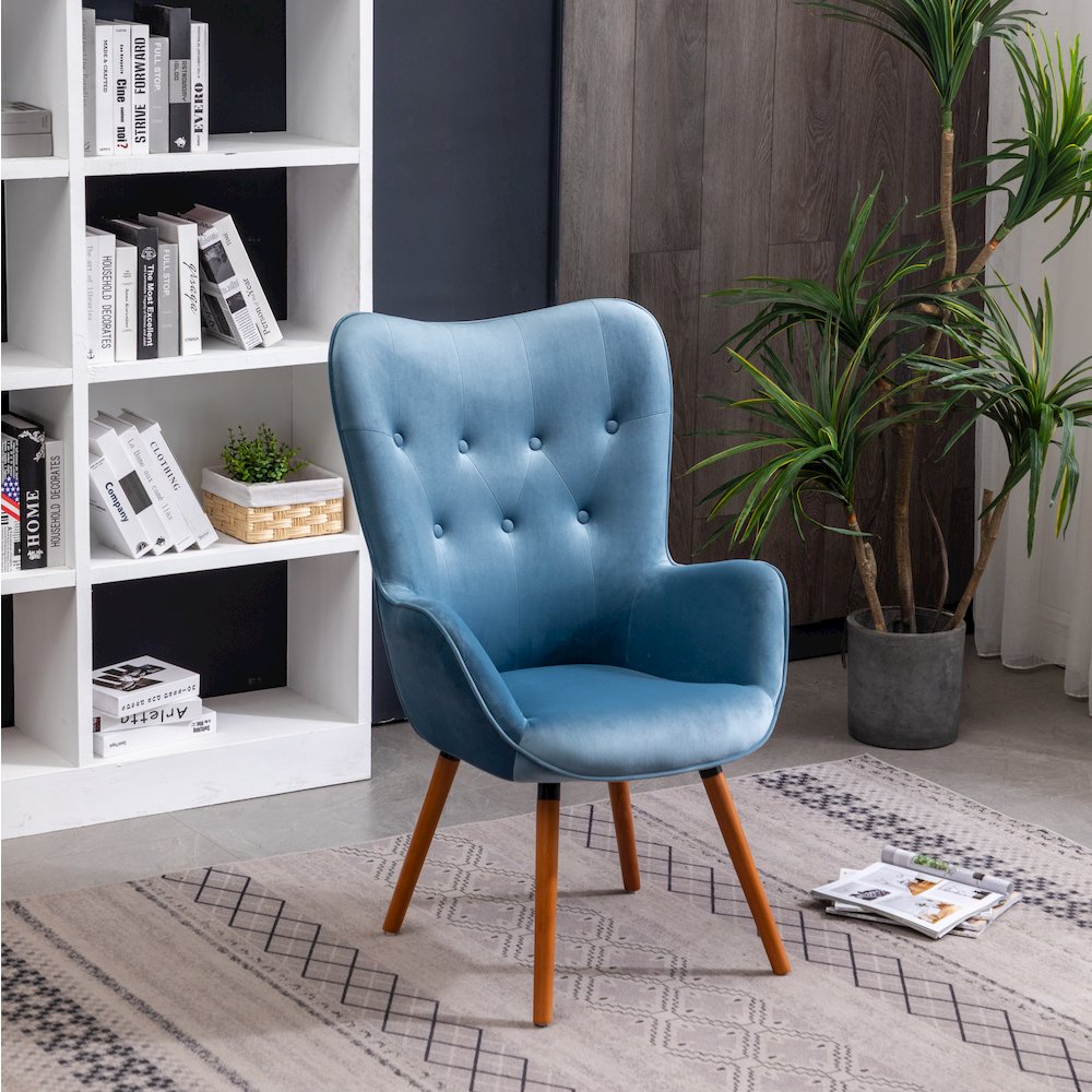 Doarnin Contemporary Silky Velvet Tufted Button Back Accent Chair, Blue. Picture 3