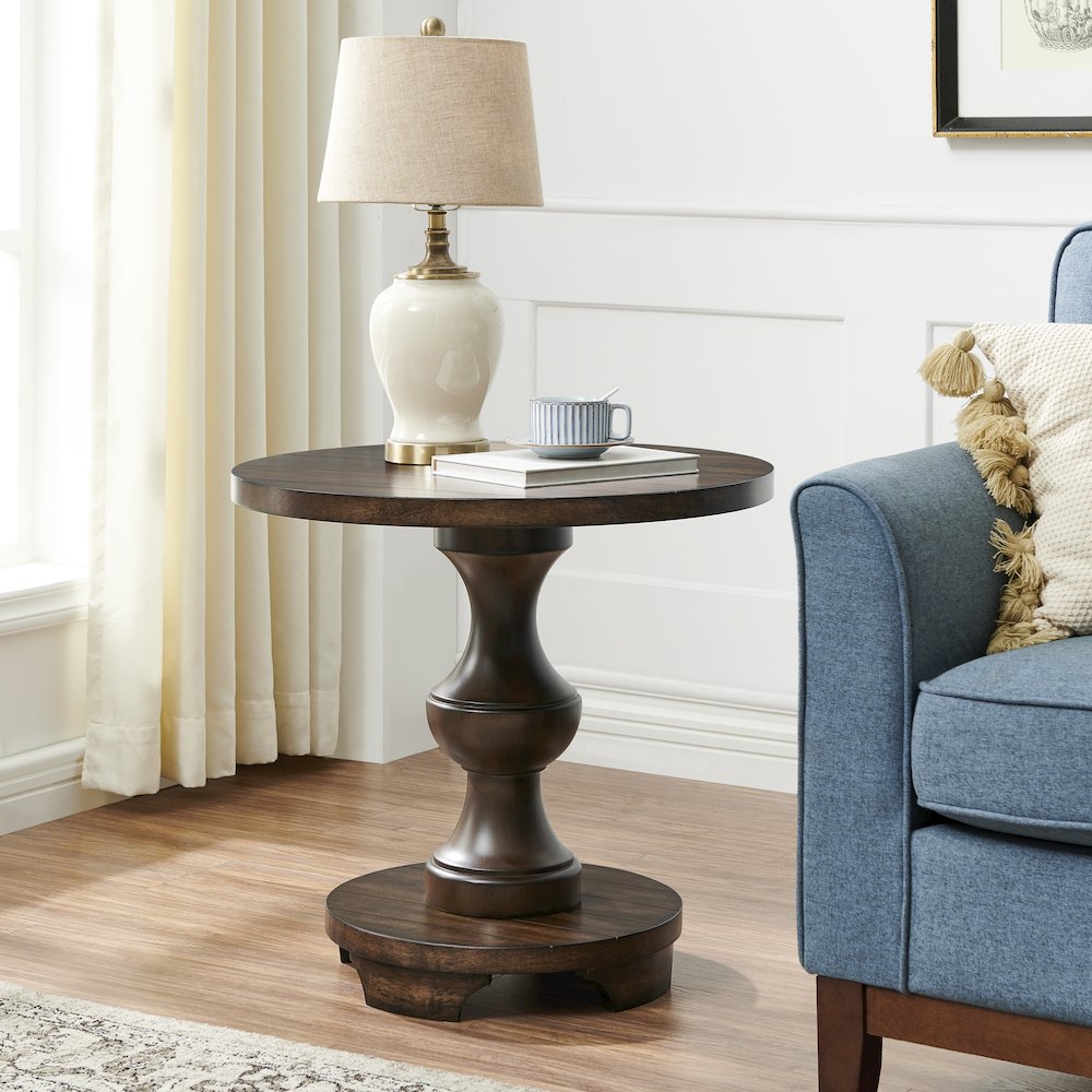 Caesar Traditional Round Pedestal End Table, Espresso. Picture 2