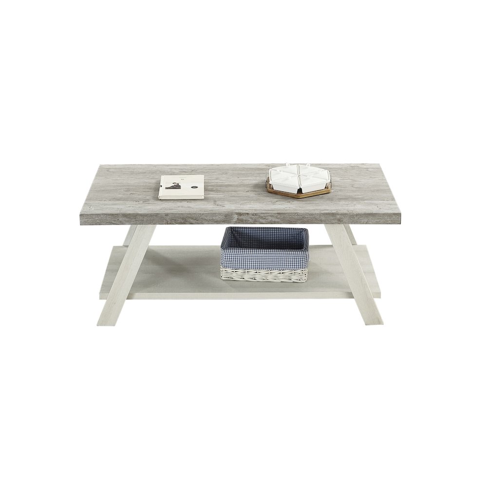 Athens Contemporary Two-Tone Wood Shelf Coffee Table in Weathered Gray and Beige. Picture 5