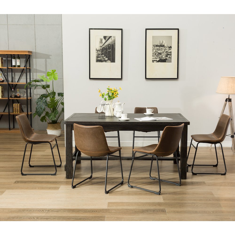 7-Piece Antique Black Finish Wood Dining Table, 6 Brown Faux Leather Chairs Set. Picture 4