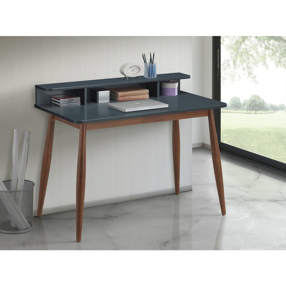 Roskilde Mid-Century Modern Wood Writing Desk with Hutch, Blue. Picture 4