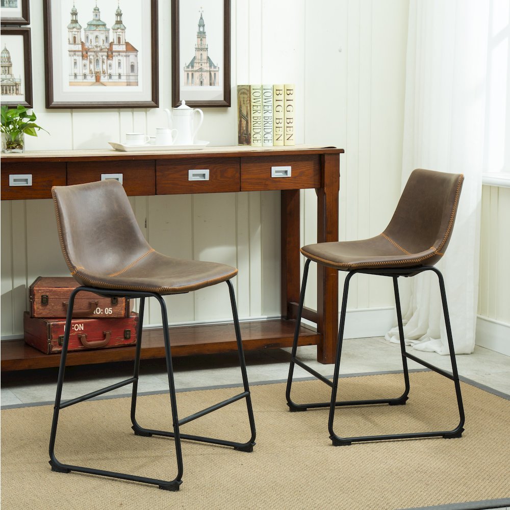 Lotusville Vintage PU Leather Counter Height Stools, Antique Brown, Set of 2. Picture 2