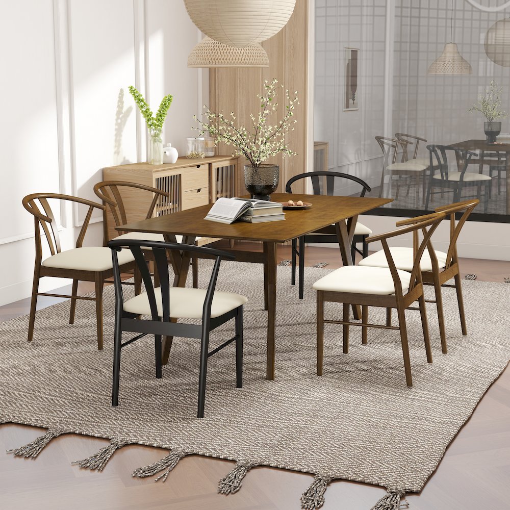 7-Piece Dining Set, Wood Dining Table with 4 Walnut and 2 Black Wishbone Chairs. Picture 4